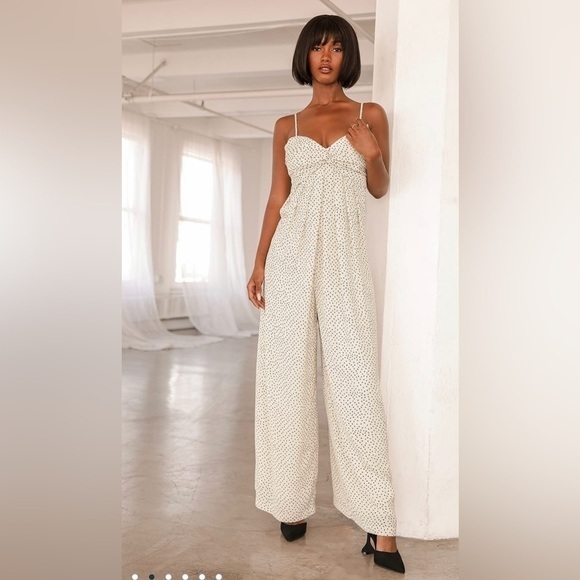 LULUS Crushin' On You Cream Polka Dot Pleated Twist-Front Jumpsuit - Picture 1 of 3